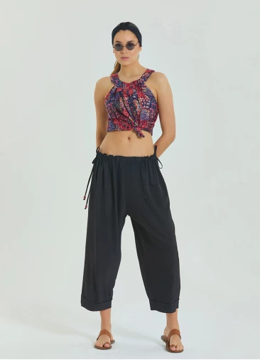 Adjustable Waist Black Women's Summer Trousers with Rope Detail 4583